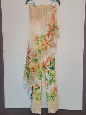 Her Bottari Women's Floral Asymmetrical Wide Leg Pants W/Overlay Size S Resort